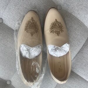 Men's Cream Slip-On Loafers with Embroidered Crest